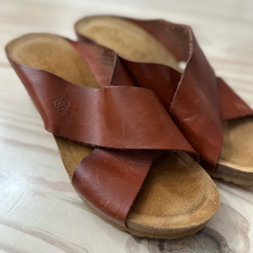 Women's Brown Leather Crisscross Slide Sandals - Picture 2 of 5